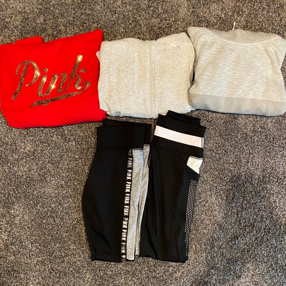 Lot of VS Pink Clothes.  3 sweatshirts and two pairs of leggings.  All size M